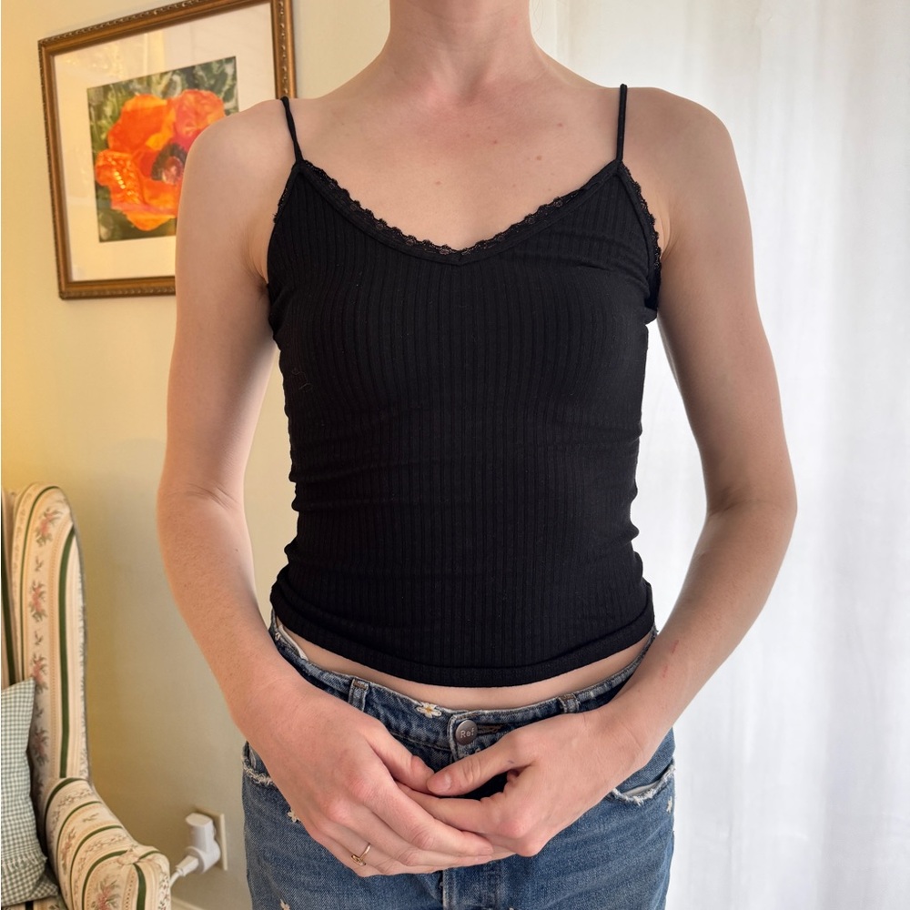 Rouje Black Ribbed Lace-Trim Tank Top, French 34/Xs